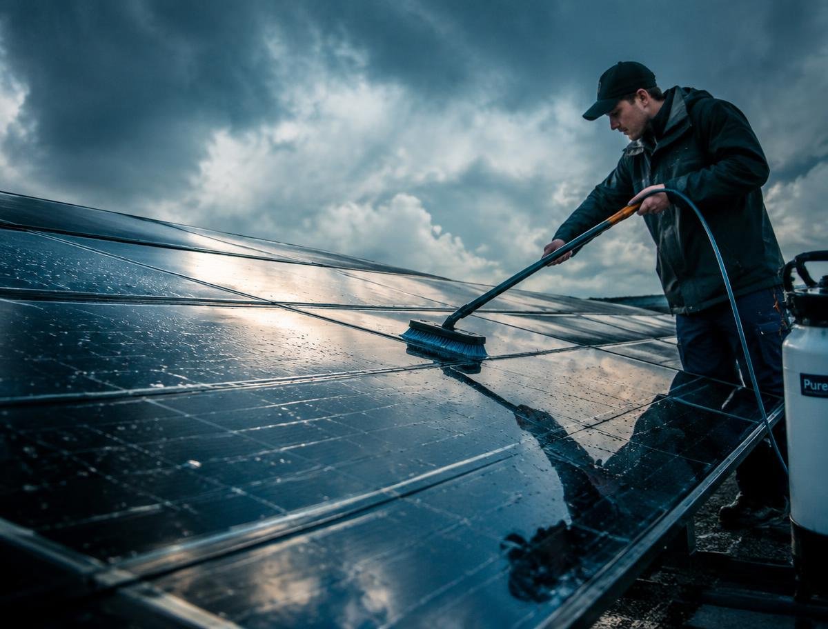 Technician professionally cleaning rooftop solar panels
