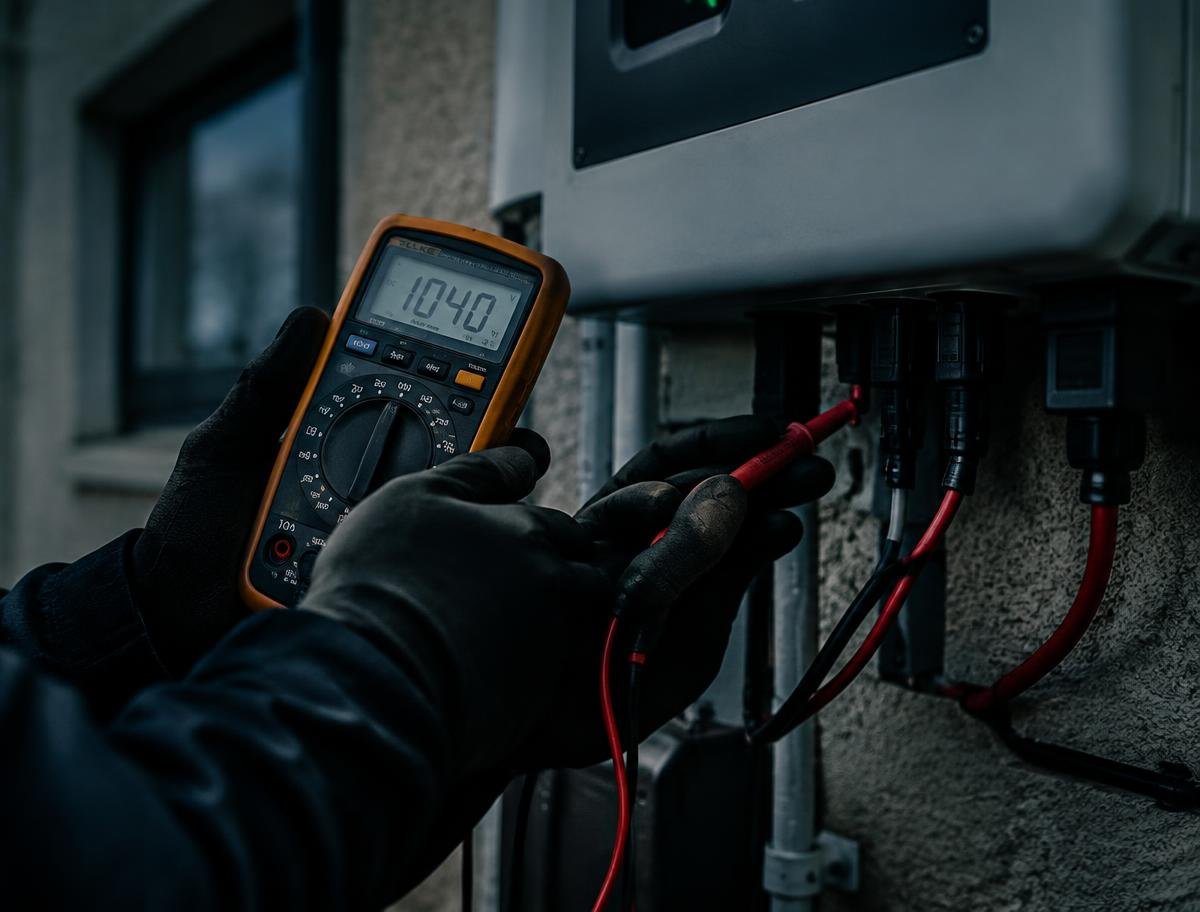 Technician testing solar equipment with a meter