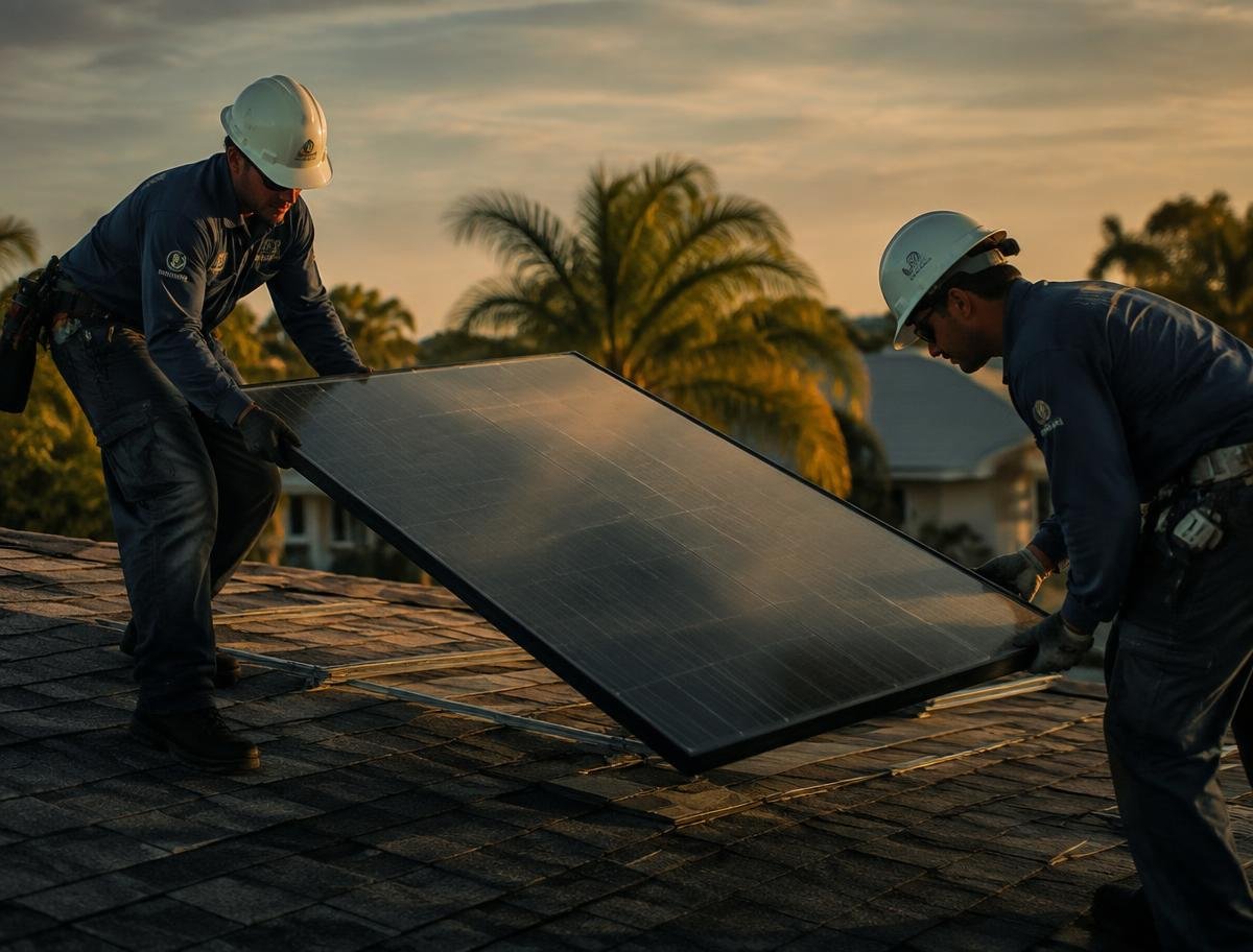 Technicians carefully removing a solar panel from a roof